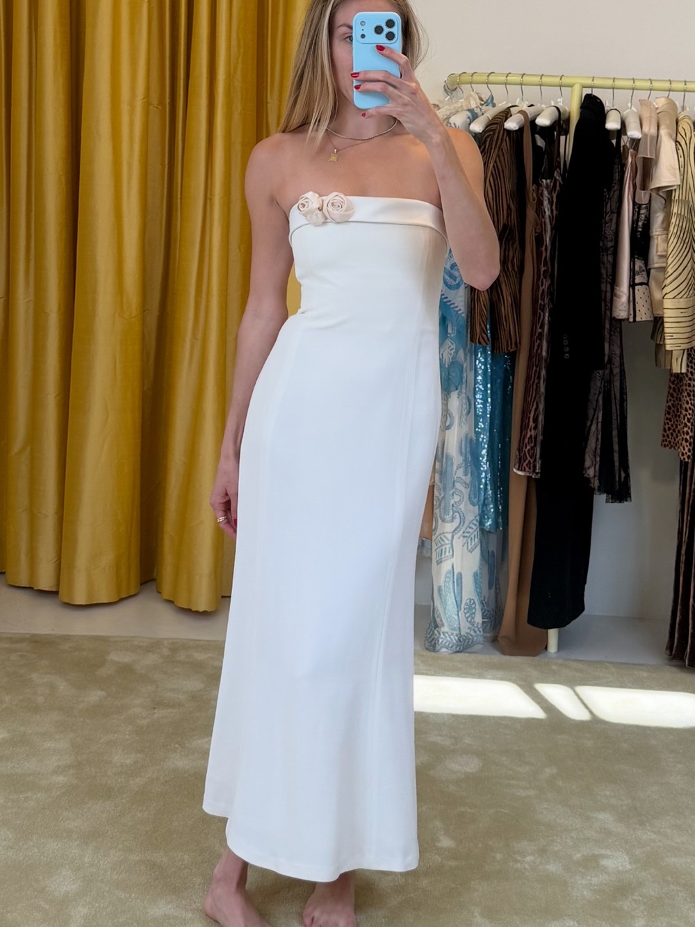 MaxMara Happy Isles White Strapless Column Gown with Rosette Detail
